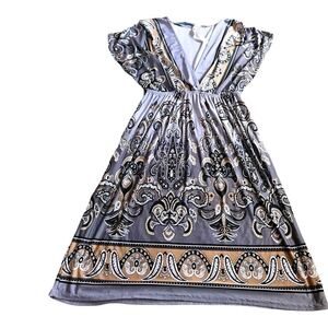 Cristina Love Gray Paisley Print Empire Waist V-Neck Midi Dress Womens Large